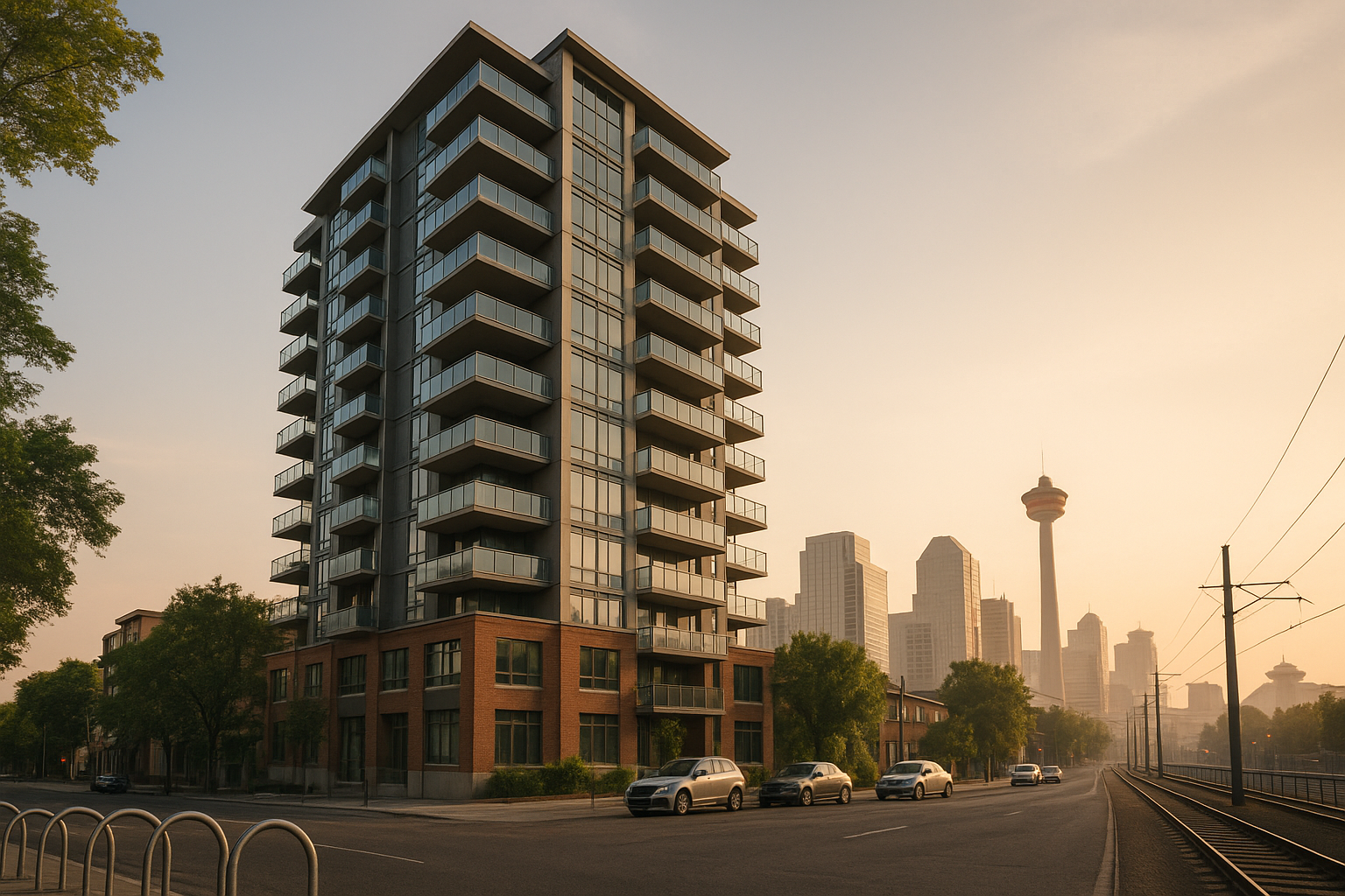 Beltline condo tower on 17 Ave SW, Calgary, glass balconies, bike racks, C-Train tracks and Calgary Tower skyline,Beltline Condo