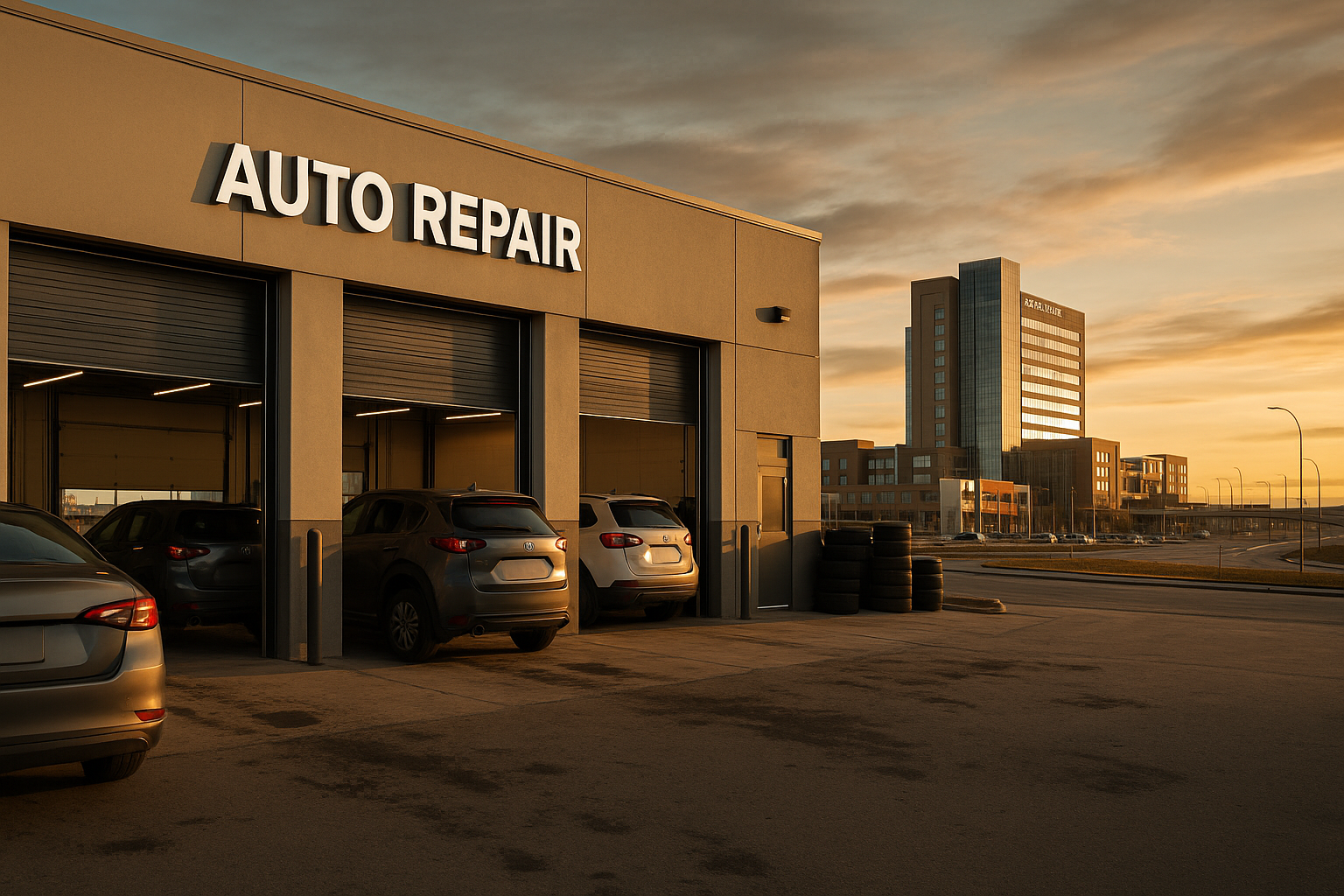 Seton SE Calgary auto repair: three open bays, queued cars, oil stains, tire stacks; South Health Campus and Deerfoot ramps,Seton Auto