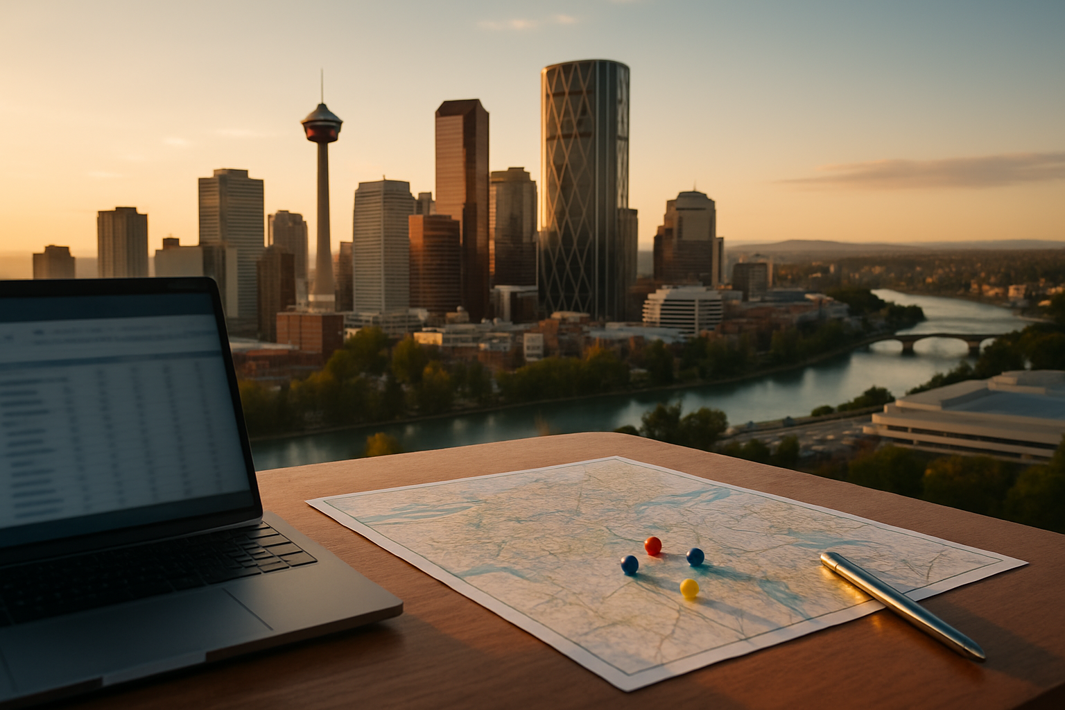 Rooftop desk with blurred laptop, map with colored pushpins and pen; Calgary skyline with Tower and Bow River at golden hour,keyword clustering