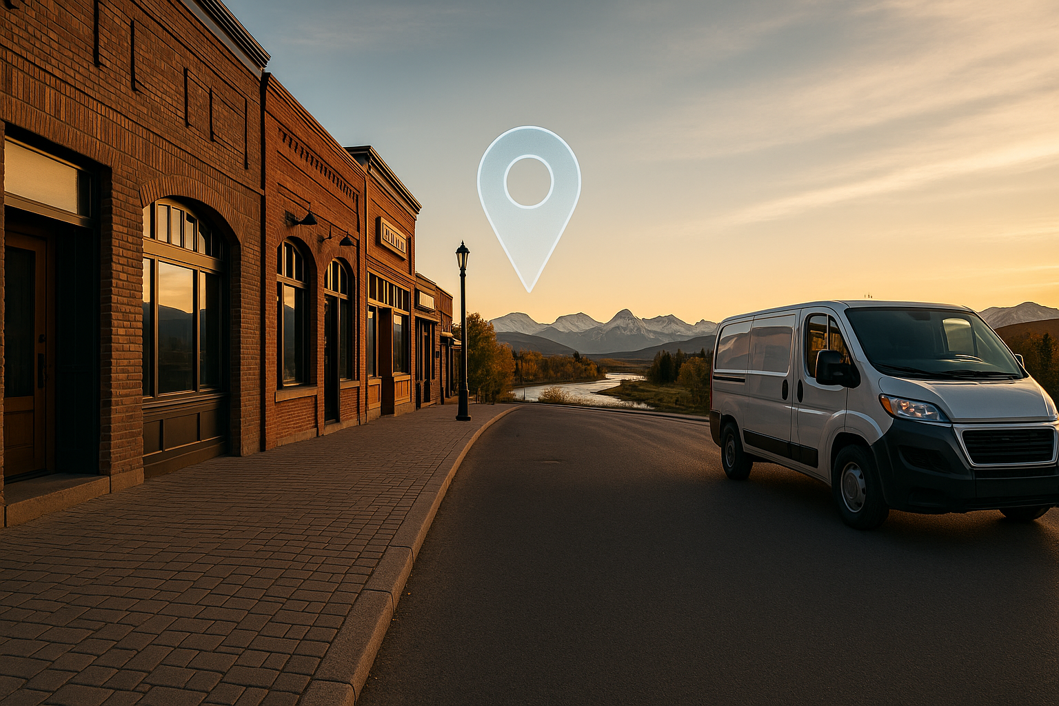 Cochrane, Alberta streetscape: brick shops, parked van on cobble, Bow River and Rockies, floating hologram pin,cochrane seo