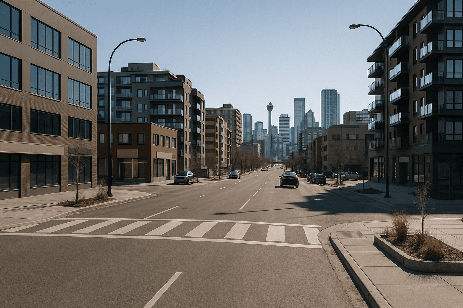 GEO marketing Calgary, Realistic Calgary Beltline street scene with sidewalks, condos, storefronts, and downtown towers in daylight.