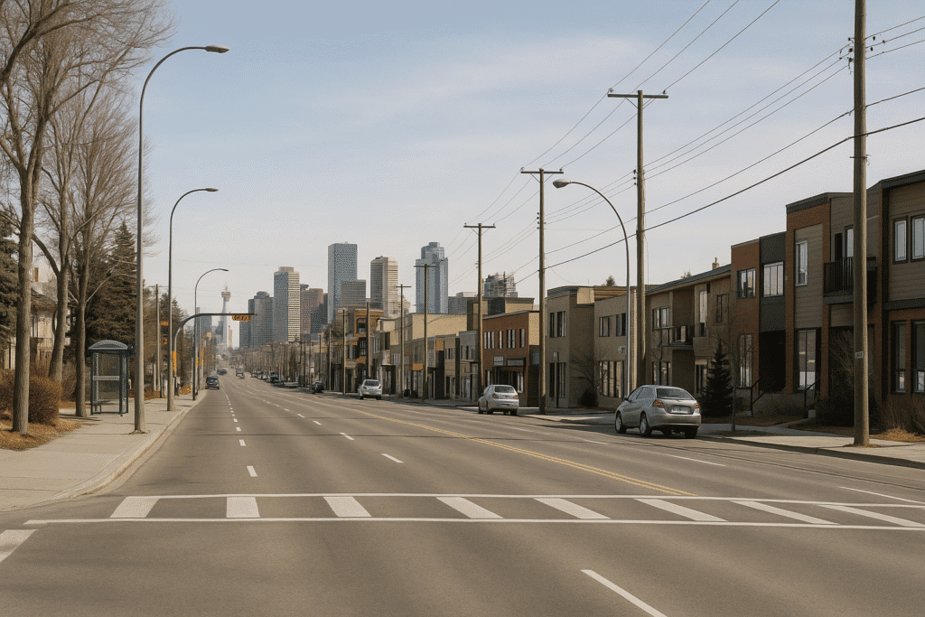 GEO Calgary companies, Realistic Calgary Centre Street streetscape with sidewalks, buildings, cars, and downtown towers in daylight.