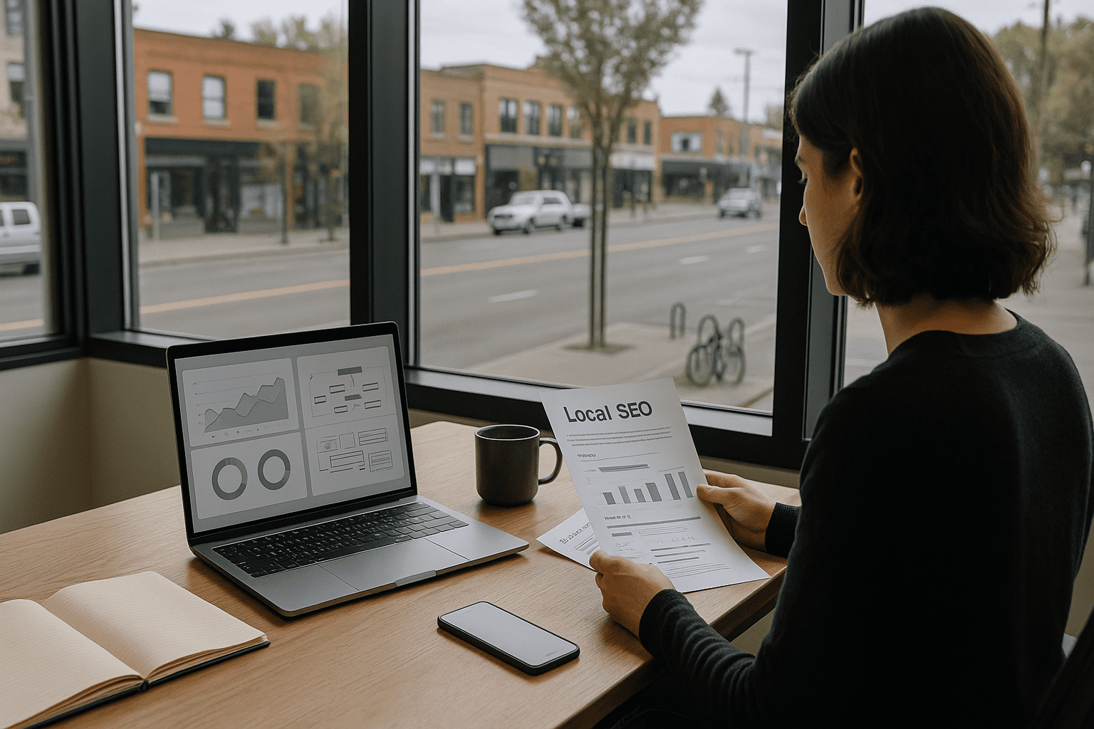 AI content automation, Calgary marketing workspace overlooking an Inglewood street, with a laptop, analytics charts, and a professional at the desk.