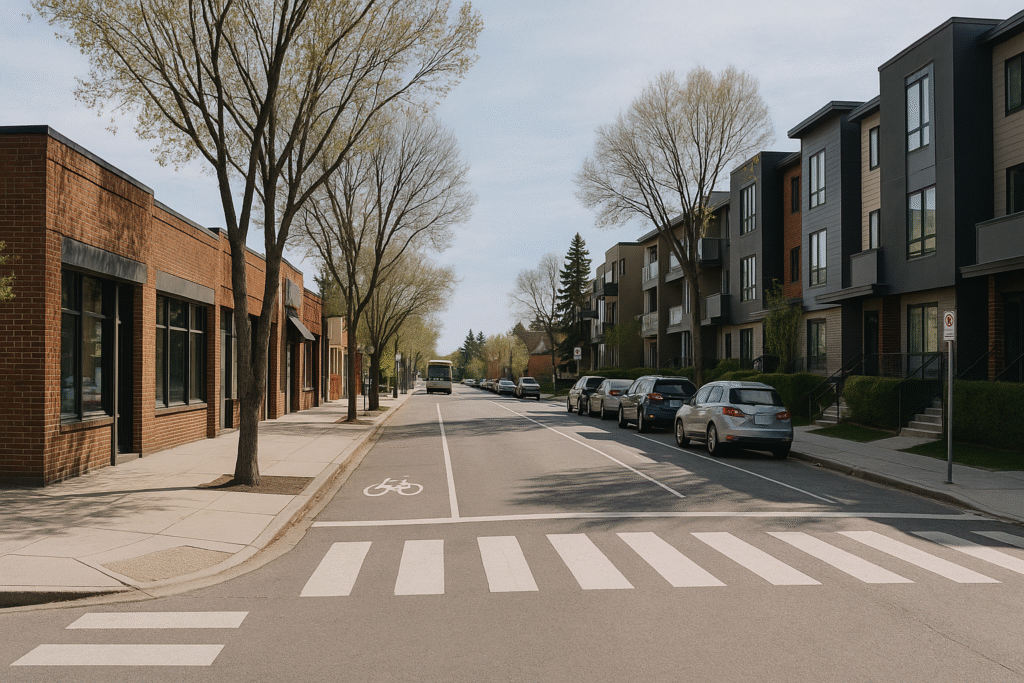generative engine optimization, Bridgeland Calgary street with brick storefronts, townhouses, sidewalks, bike lane, and parked cars
