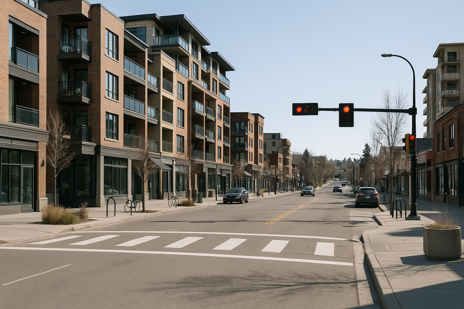 Calgary local SEO, Kensington, Calgary streetscape with storefronts, sidewalks, parked cars, and neighborhood buildings