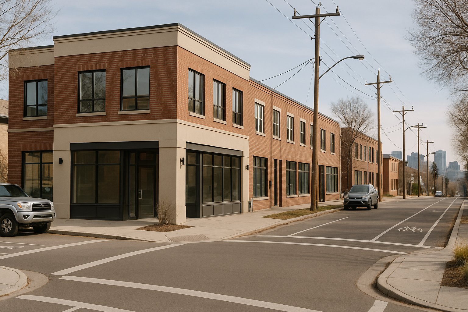 Sunalta local SEO, Sunalta Calgary streetscape with low-rise shops, sidewalks, parked cars, and distant downtown buildings