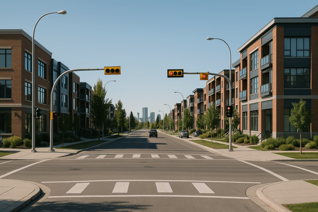 AI content planning, Calgary neighborhood intersection with sidewalks, low-rise buildings, trees, and cars in daylight