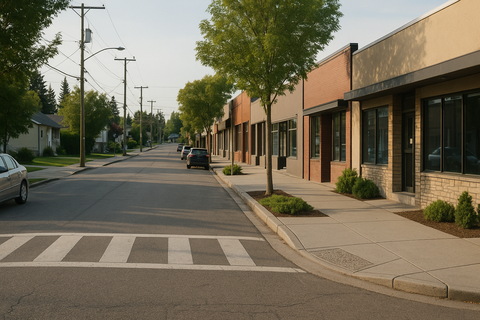 Bowness GEO marketing, Quiet Bowness Calgary street with low-rise shops, sidewalks, parked cars, and neighborhood trees