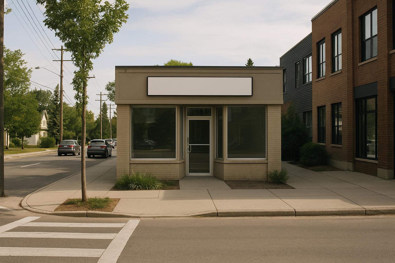 Altadore local SEO, Altadore Calgary neighborhood storefront on a quiet street with sidewalks, parked cars, and low-rise buildings