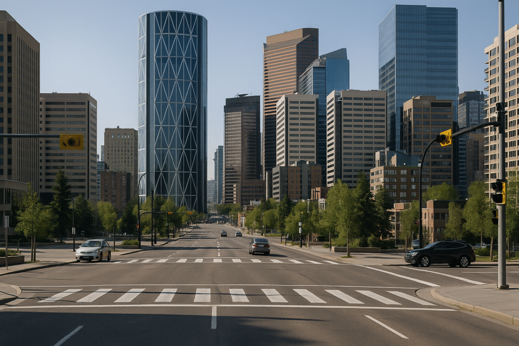GEO marketing Calgary, Downtown Calgary intersection with office towers, sidewalks, and cars on a clear day