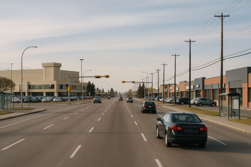 Marlborough geofencing, Marlborough Calgary shopping center area with roadway, sidewalks, parked cars, and low-rise retail buildings
