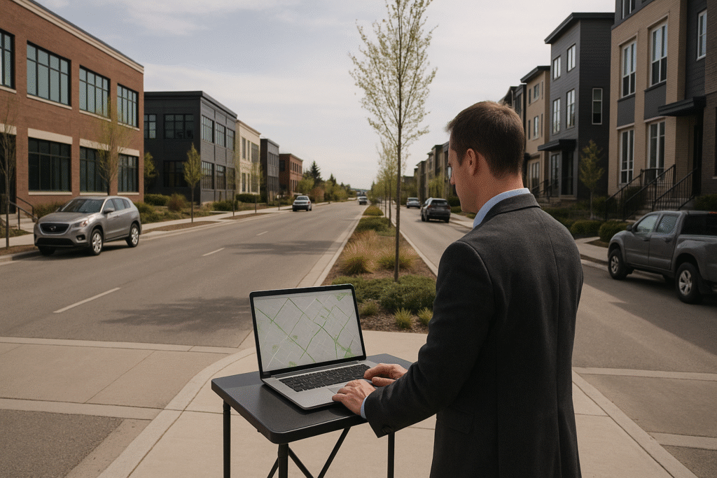 currie barracks geo marketing, Calgary street with a consultant reviewing a neighborhood visibility plan near Currie Barracks
