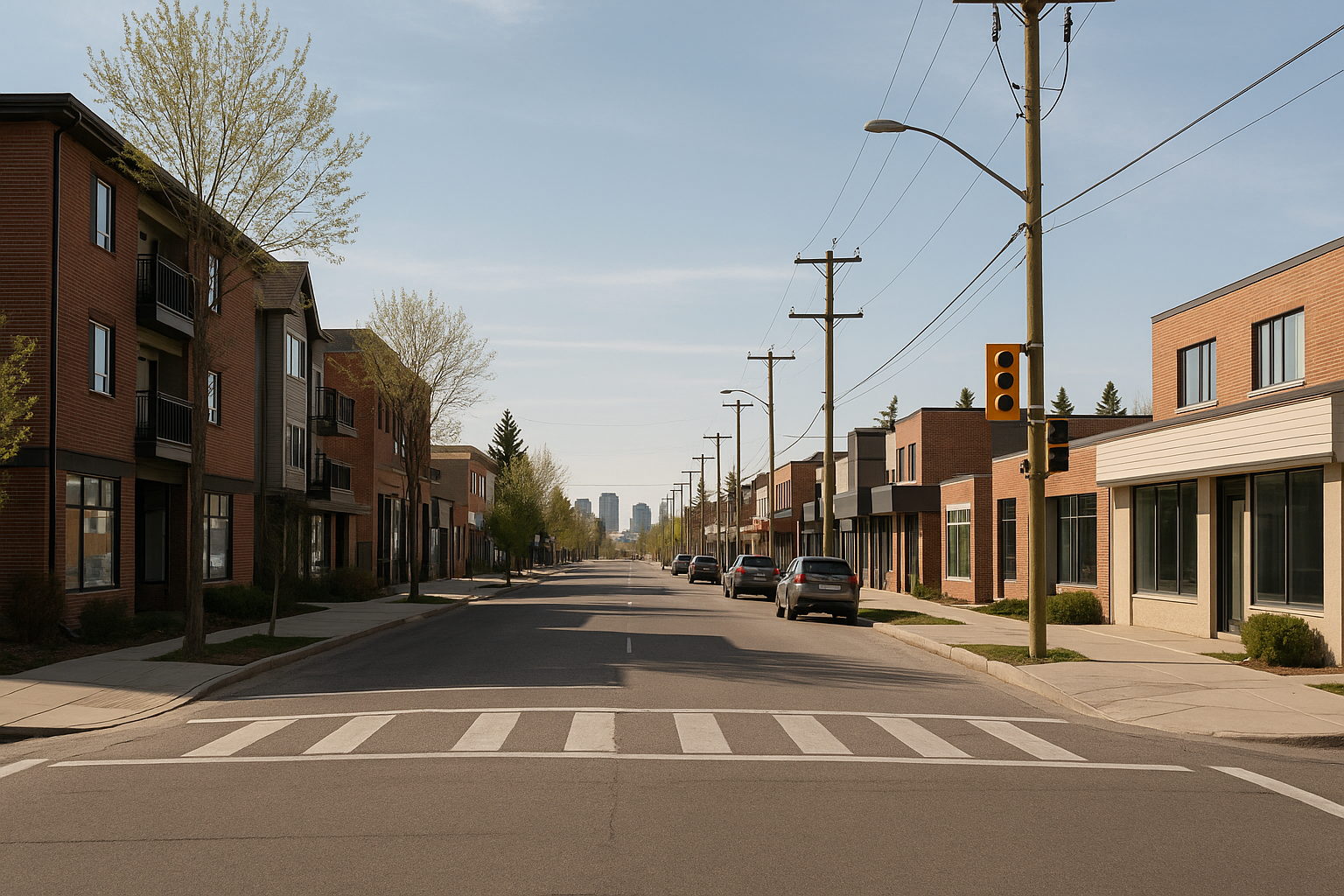 Killarney local AI SEO, Killarney Calgary street with low-rise buildings, sidewalks, parked cars, and local business storefronts
