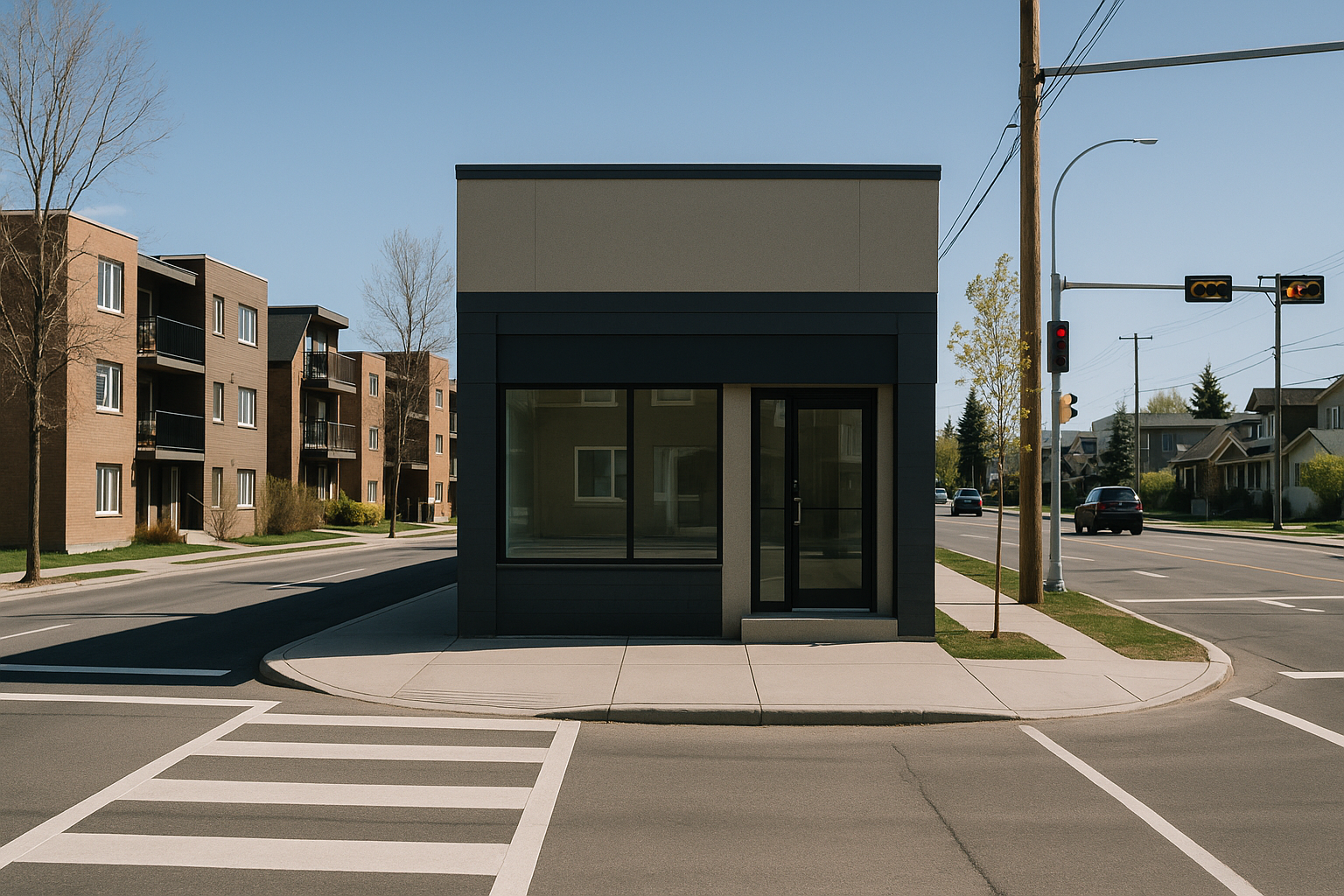 Hounsfield Heights GEO marketing, Calgary neighborhood street with a local business storefront, sidewalks, parked cars, and low-rise buildings near Hounsfield Heights.