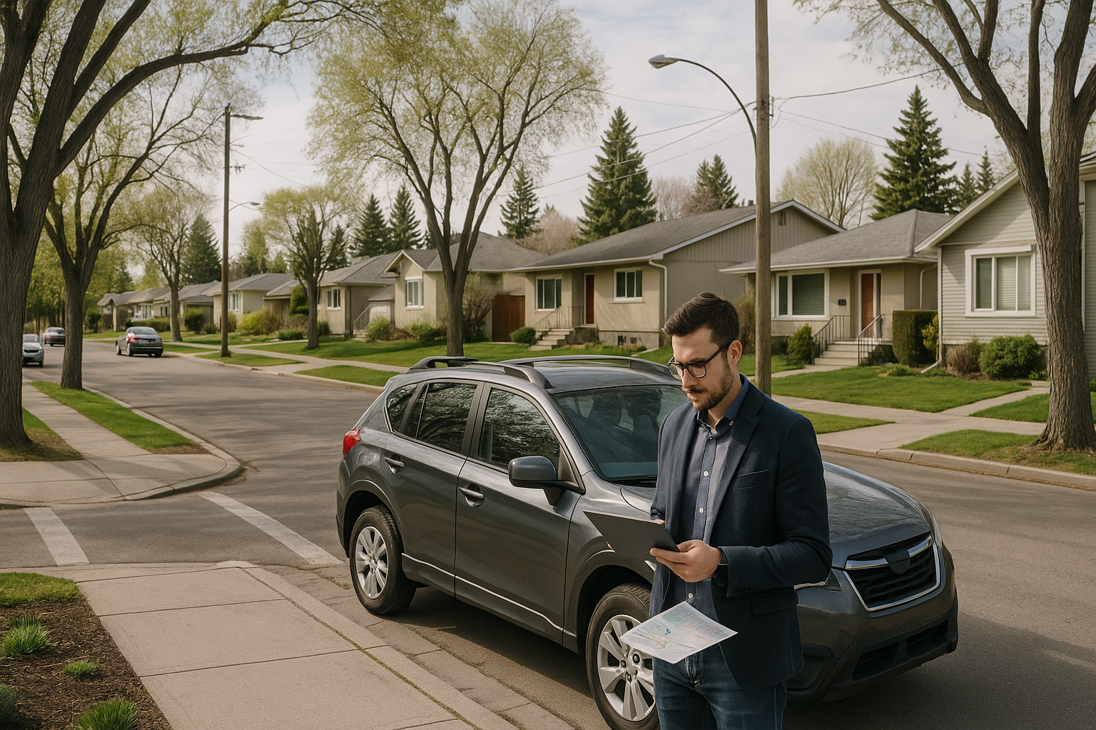 Cambrian Heights local SEO, Cambrian Heights Calgary street with homes, sidewalks, parked cars, and a consultant reviewing a neighborhood map