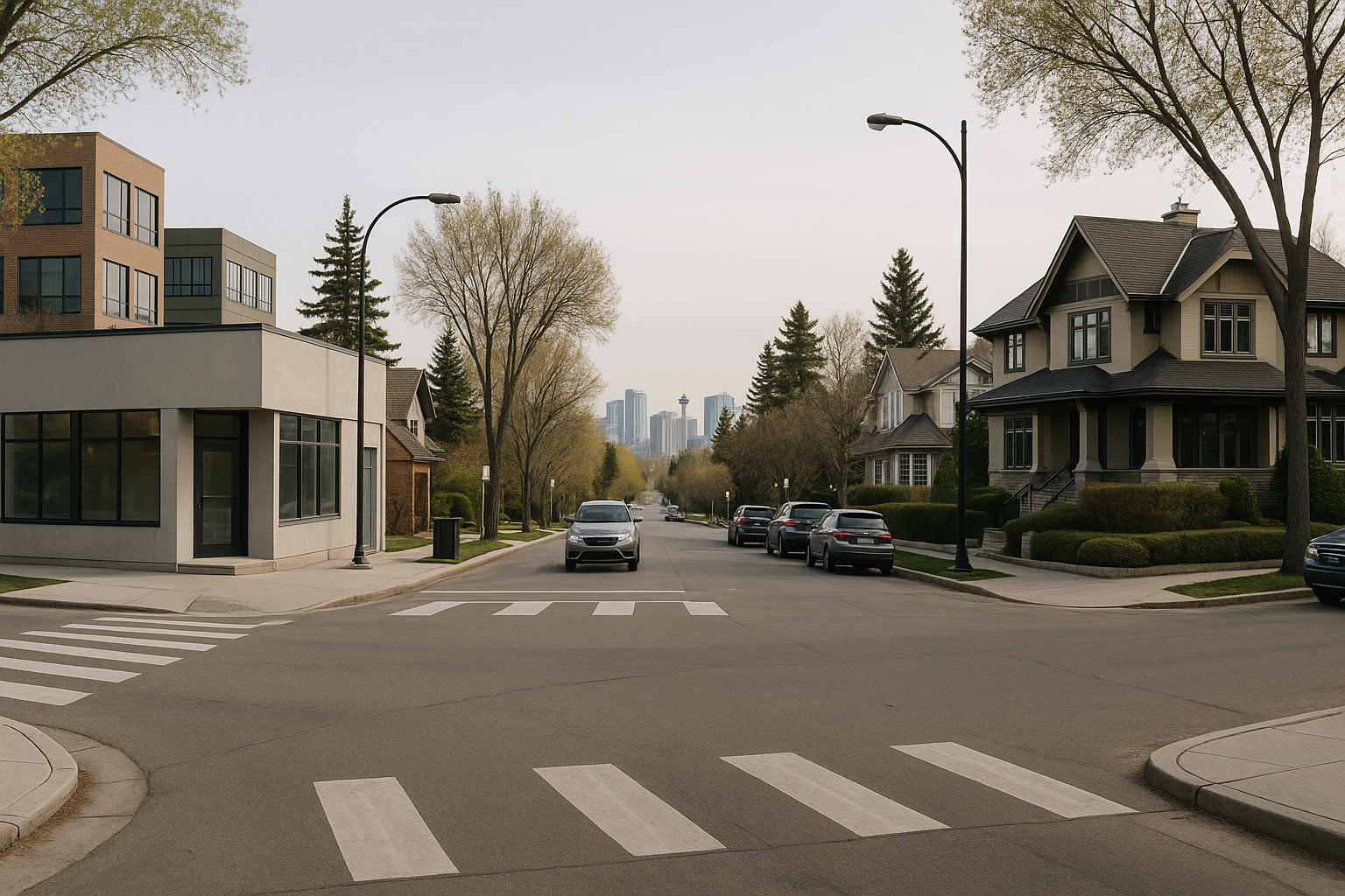 GEO marketing Mt Royal Calgary, Mt Royal Calgary street with sidewalks, local businesses, homes, trees, and distant city skyline