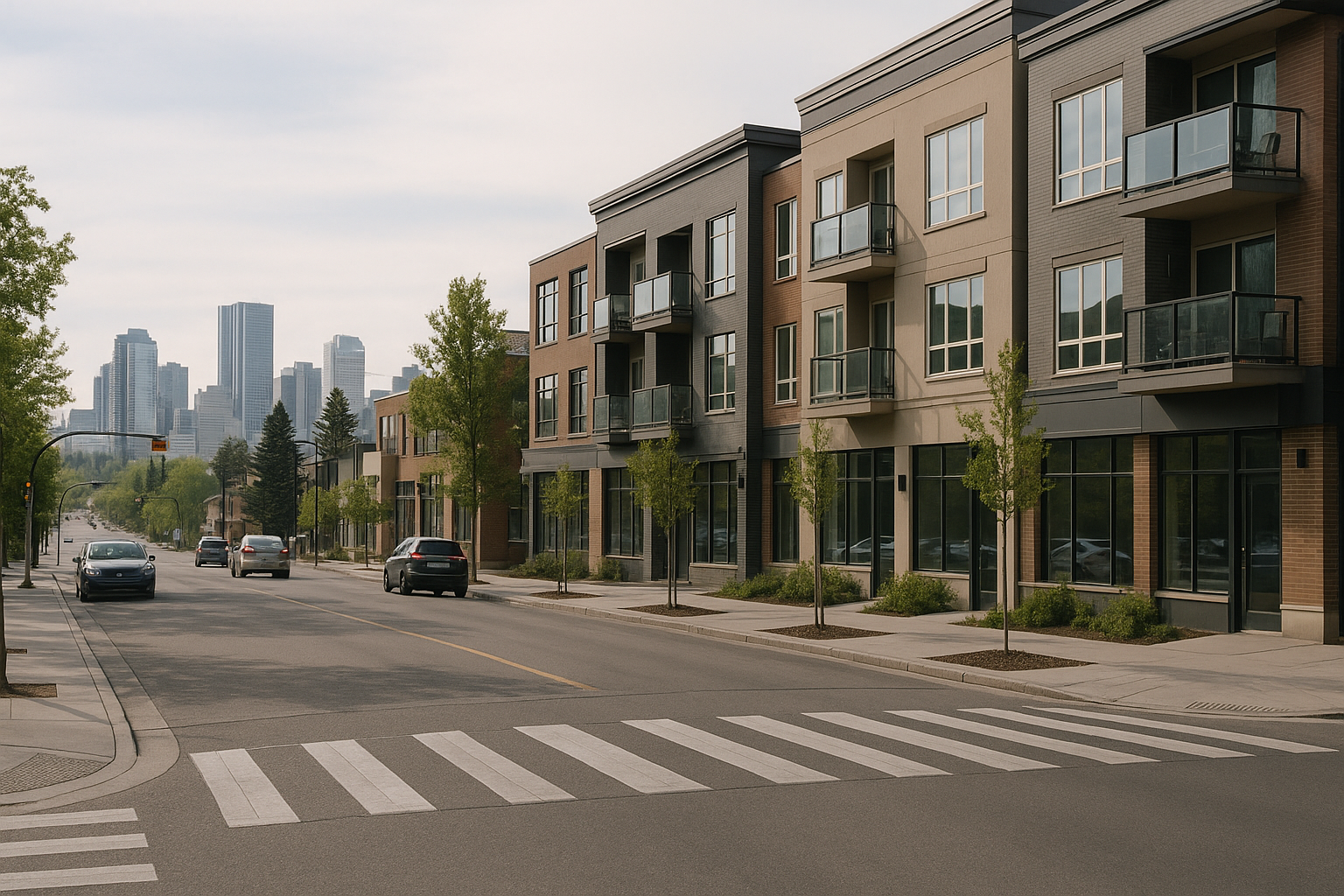 mobile geofencing Calgary, Bridgeland Calgary street with mixed-use buildings, sidewalks, parked cars, and nearby downtown skyline