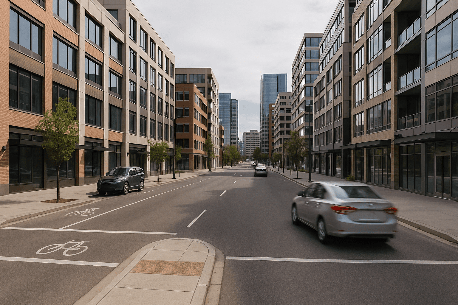 GEO for local search, Calgary Beltline streetscape with modern buildings, sidewalks, cars, and urban infrastructure in daylight