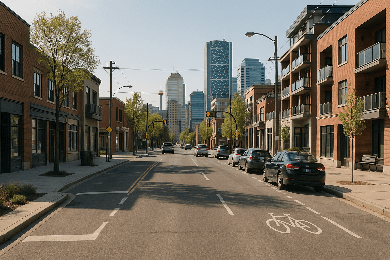 AI search signals, Mission, Calgary streetscape with storefronts, apartments, sidewalks, trees, and parked cars on a sunny day